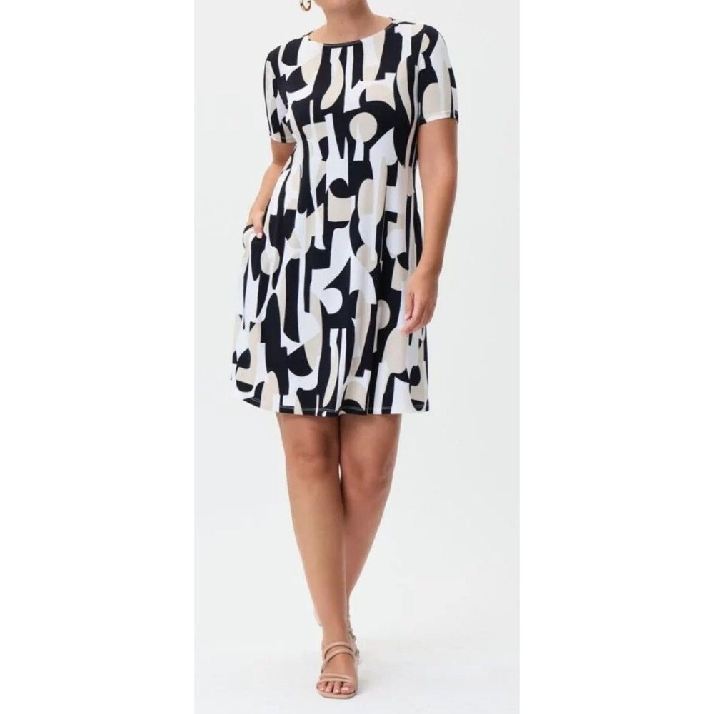 Joseph Ribkoff Womens Abstract Geometric Print Short Sleeve Shift Dress Navy 8